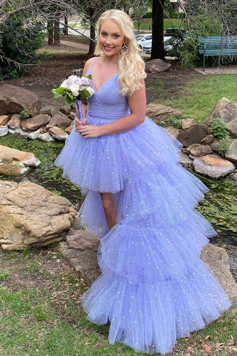Vestidos formales/Vestido de fiesta de tul escalonado lavanda con brillo alto-bajo/Tiendas de vestidos de fiesta